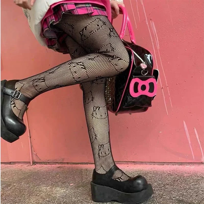 Cute Japanese Hello Kitty Fishing Net Socks Black Silk Stockings Women's Thin Spring and Autumn Anti-hook Silk Bottom Pantyhose