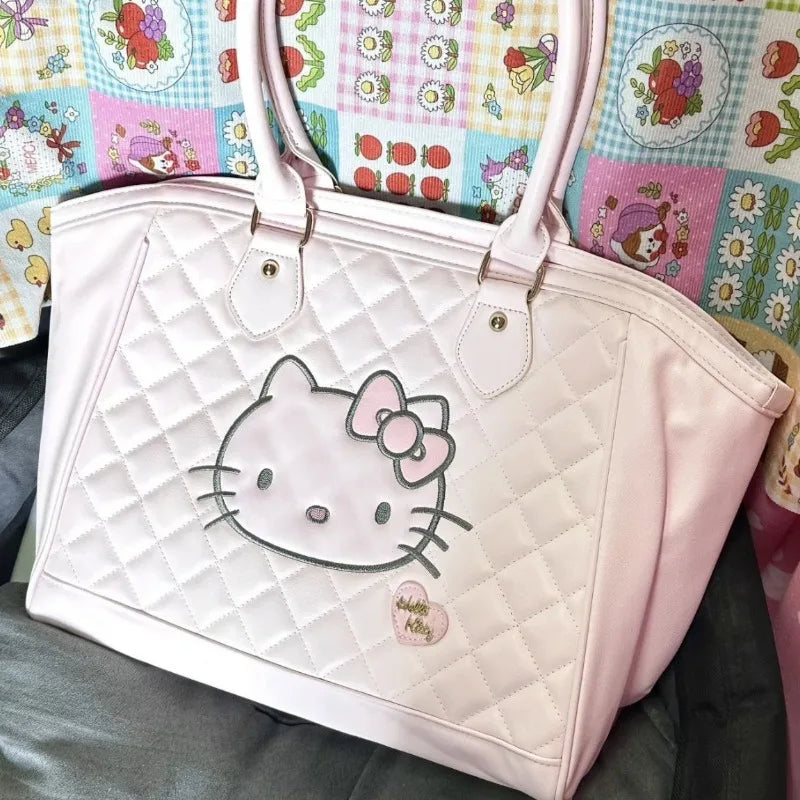 Pink Tote Bags for Women Hello Kitty Embroidery Cartoon Fashion Shoulder Bag Cute Large Capacity Kawaii Female New Handbag