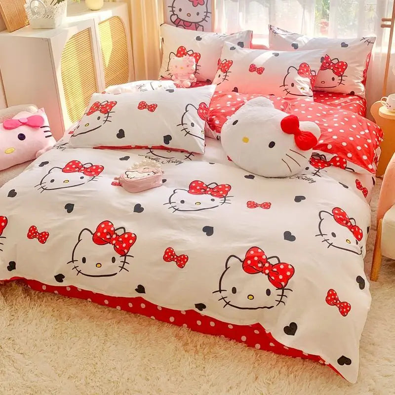 Cute Hello Kitty simple and sweet cartoon printed soft and comfortable pure cotton bed sheet and quilt cover three-piece set