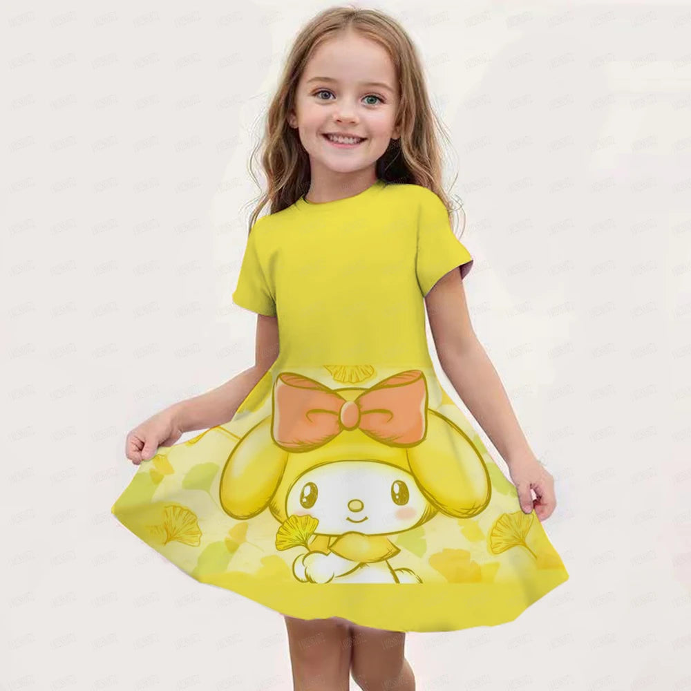 New Summer Girls Dress Fashion Cartoon Cute Cinnamoroll &Hello Kitty 3D Printing Dress Kid Short Sleeve Princess Clothing