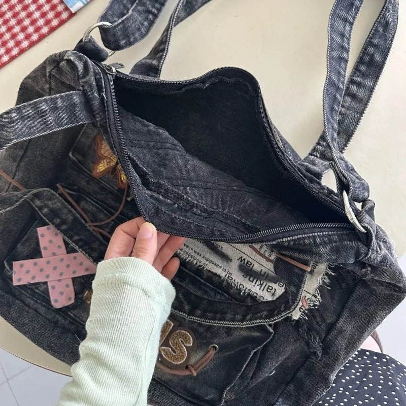 Vintage Hello Kitty Womens Shoulder Bag Patchwork Y2k Denim Fashion Aesthetic Backpacks Large Capacity Casual Messenger Bag