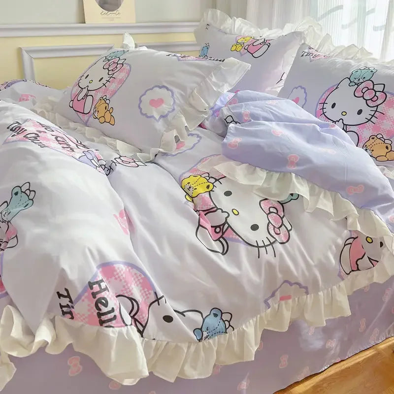 Hello Kitty Cinnamoroll My melody Kuromi new cute cartoon active printing pure cotton edge quilt cover bed sheet three-piece set