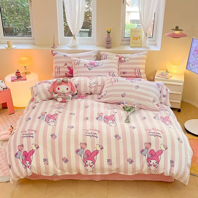 Winter Milk Velvet Bedding Set Hello Kitty Melody Kuromi Thickening Warm Flannel Queen Duvet Cover Bed Sheet Pillowcase