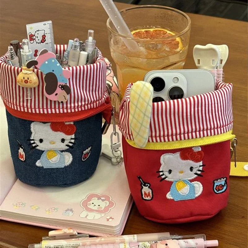 New Fashion Hello Kitty Embroidered Cowboy Pencil Bag Kawaii Striped Zipper Versatile Outward Handbag Exquisite Storage Bag Gift