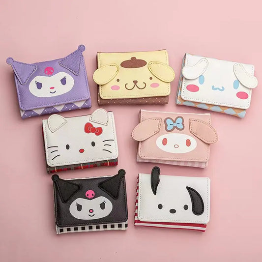 New Kawaii Kuromi Cartoon Wallet Hello Kitty My Melody Pochacco Anime Face Short Wallet Change Purse Coin Storage Bag ﻿