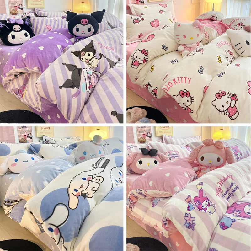 Double Sided Velvet Bedding Set Melody Kuromi Hello Kitty Winter Flannel Single Double Queen King Quilt Cover Bed Sheet