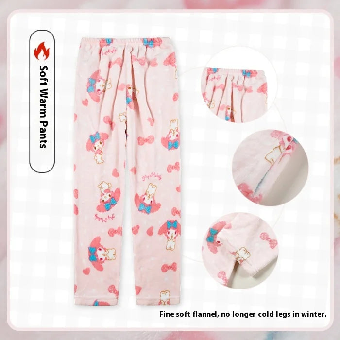 Miniso Hello Kitty Kuromi Sleeper Pants With Flannel Thick Fleece For Warmth Casual Cute Cartoon Pattern Girl Christmas Clothing