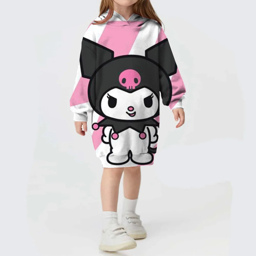 Winter Autumn Kids Girl Dress Hooded Children's Clothing Hello Kitty Kuromi print Loose Dress Long Sleeve Toddler Girl Outerwear