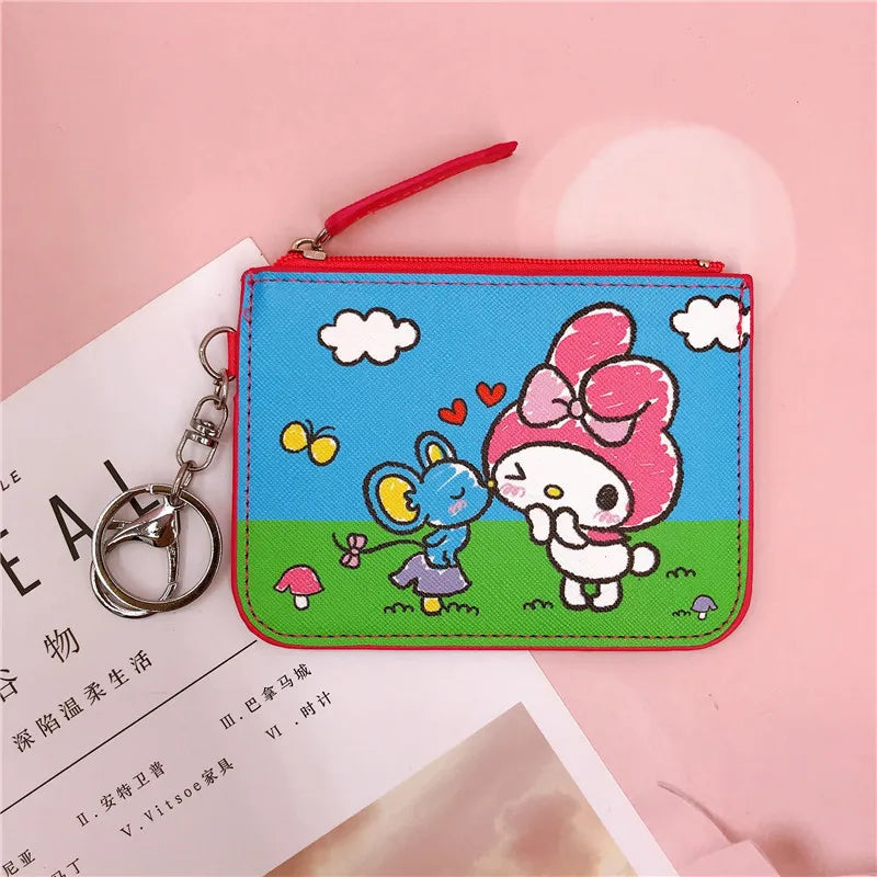 Hello Kitty Coin Purse My Melody Bag Kawaii Wallet Anime Pompom Purin Cinnamoroll Card Holder Children Pu Wallet Gifts