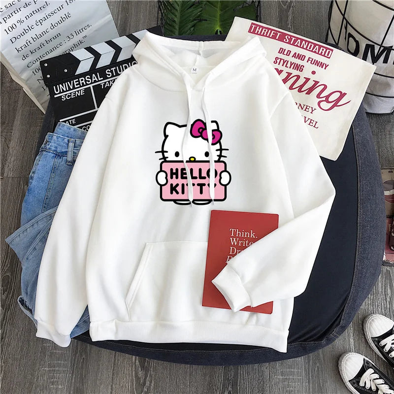 2025 New Casual Women's Sweatshirts Hello Kitty Kawaii Tops for Women Cute Hoodies Fashion Harajuku Long Sleeves Plus Siz