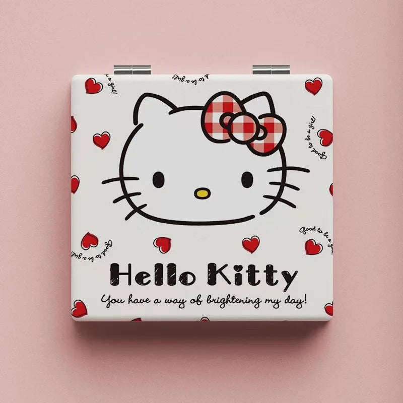 Kawaii Makeup Mirrors Hello Kitty Cartoon Ins Double-sided Mirror Frame PU Leather Cover Carry Folding Mirror Gift