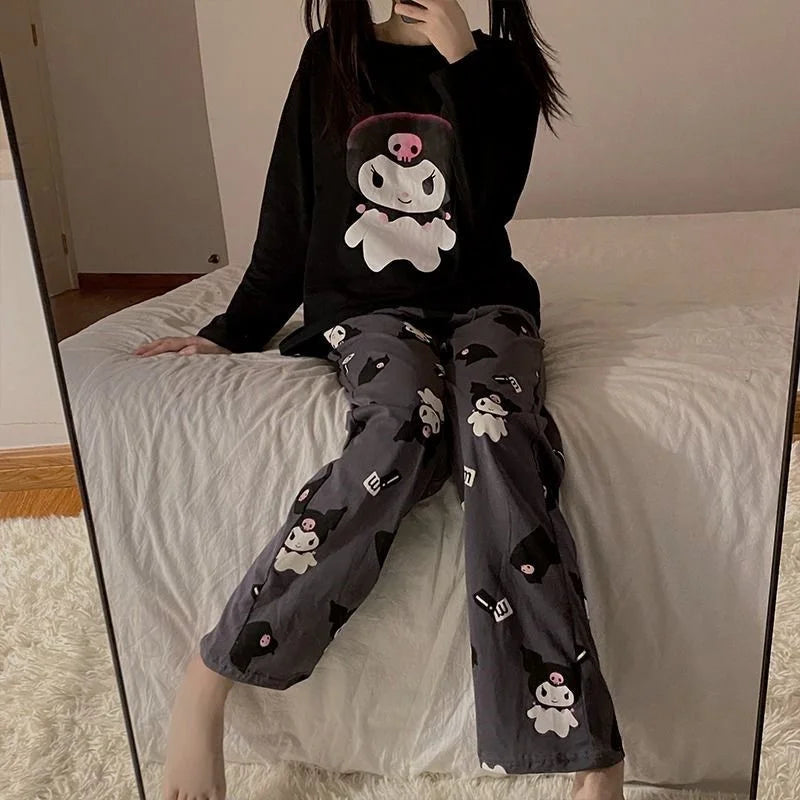 Kawaii Hello Kitty Cosplay Clothes Kuromi Korean Autumn Two Piece Pajamas Soft Home Wear Outgoing Girl