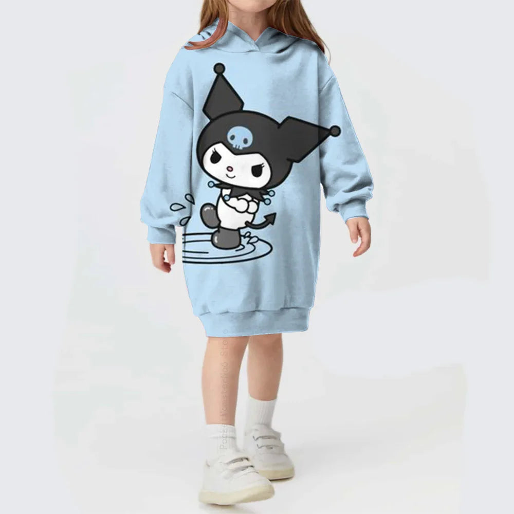 Autumn/winter Children's Hello Kitty Kuromi print Sweater Clothes Suit Hooded Solid Color Fashion Sweater Dress Comfortable