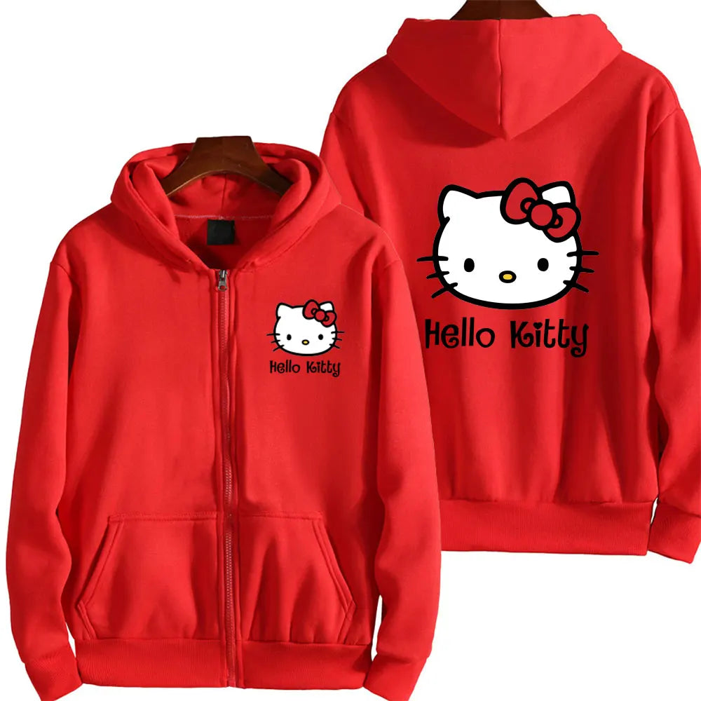 Hello Kitty Pink Women Zipper Hoodie Jacket Spring Autumn Casual Men Sweatshirt Cartoon Anime Couple Oversized Clothes Coats