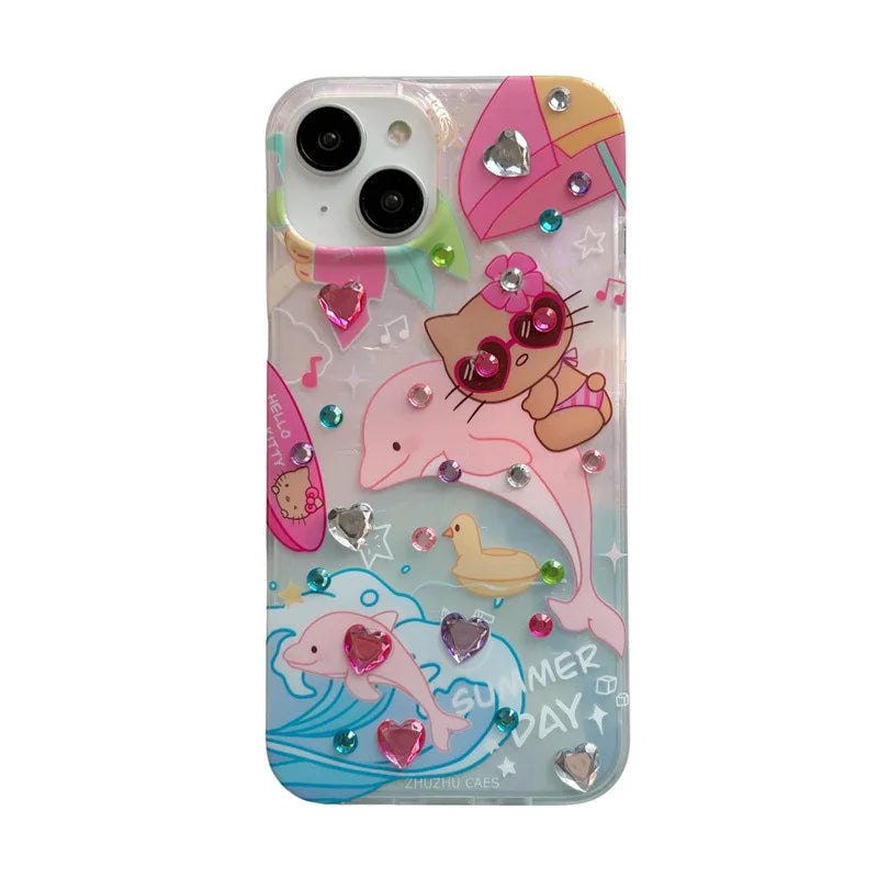 Hello Kitty Sunglasses Pink dolphin rhinestone Phone Case For iPhone 15 14 13 12 11 Pro Max case cute cartoon Sweet Cover