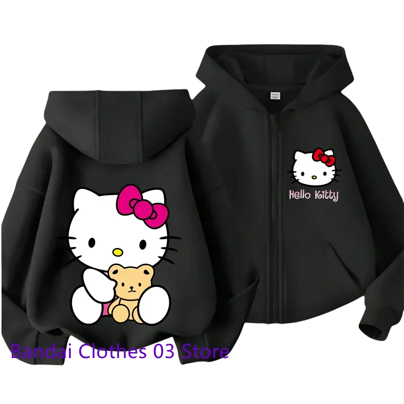 Cute Hello Kitty New Pin Zipper Hoodie Girls Sweatshirt Autumn/Winter Long Sleeve Jacket Harajuku Jumper Pin Casual Hoodie Top