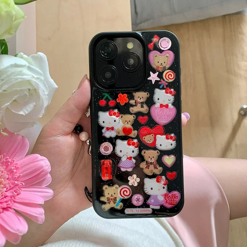 3D Cute Cartoon Y2K Hello Kitty Sticker Bling Glitter Phone Case For iPhone 16 15 14 13 12 11 Pro Max Transparent Cover