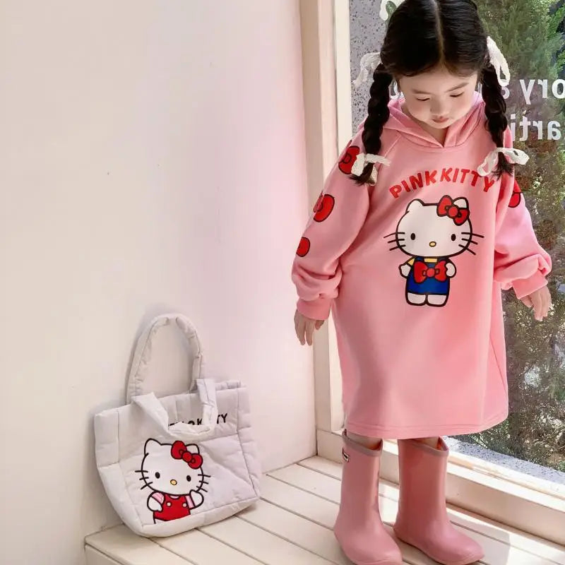 Hello Kittys Girl Hooded Sweatshirt Dress Anime Kawaii Cartoon Long Sleeves Autumn Winter Sportswear Child Clothing