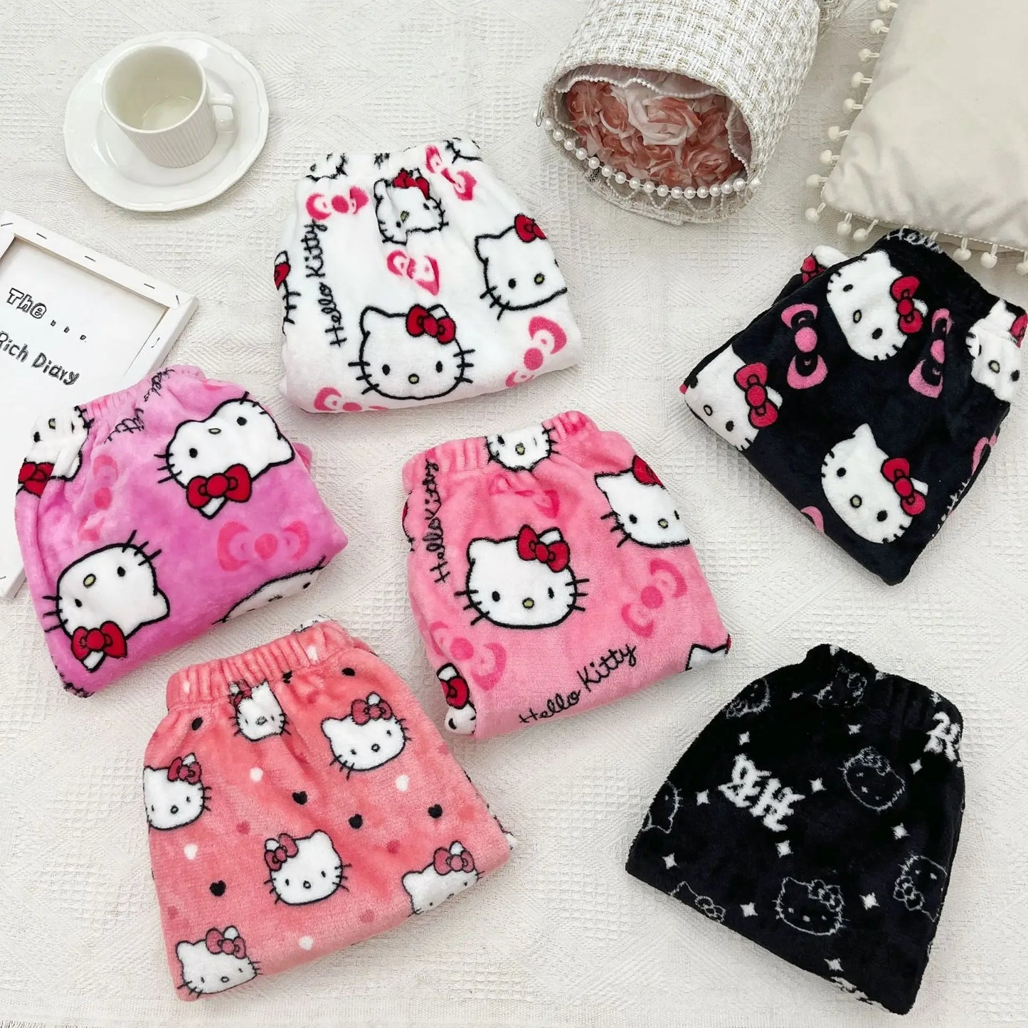 Anime Sanrioed HelloKitty Y2k Sanrioed Pajamas Pants Women Pjs Halloween Household Dress Kawaii Woolen Cartoon Casual Home Pants