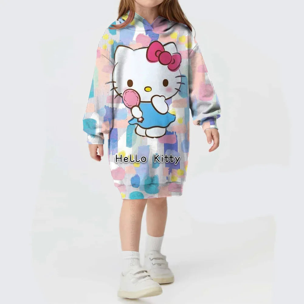 Girls Hooded Dress for Autumn Winter Kids Hello Kitty Kuromi print Dress Girl Striped Long Sleeve Clothes Kids Hoodies Dresses