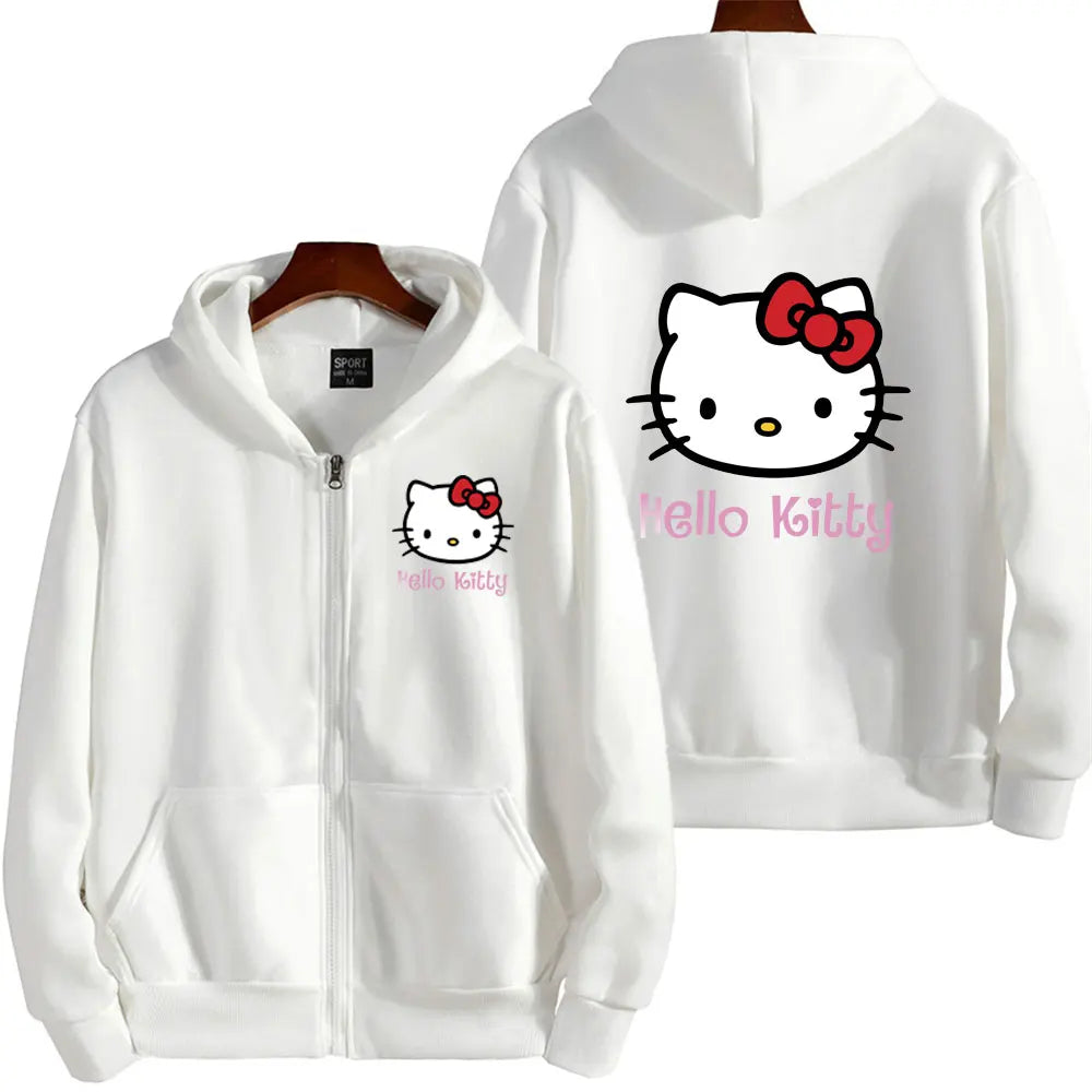 Women's Zipper Hoodie Autumn and Winter New Cute Kawaii Hello Kitty Pattern Sweatshirt Streetwear Women's Clothing