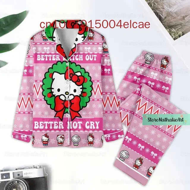 New Hello Kitty Pajama3D Printed Casual Men's and Women's Long Sleeve Shirt Pajama Set