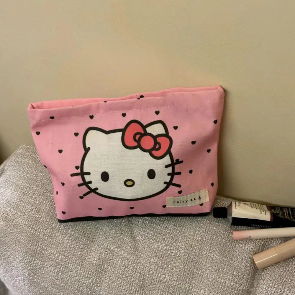 Hello Kitty Pink Sweetheart Cosmetic Bag Cute Kitty Cat Portable Canvas Travel Sundries Storage Bag Large Coin Purse