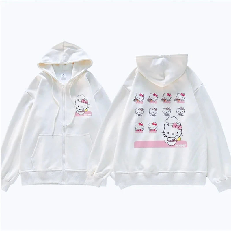 Anime Cute Printed Hoodies Women Cartoon Hello Kitty Y2k Korean Students Loose Sweatshirt Fashion Sweet Cardigan Clothing