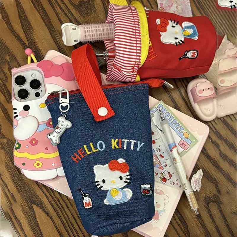 New Fashion Hello Kitty Embroidered Cowboy Pencil Bag Kawaii Striped Zipper Versatile Outward Handbag Exquisite Storage Bag Gift