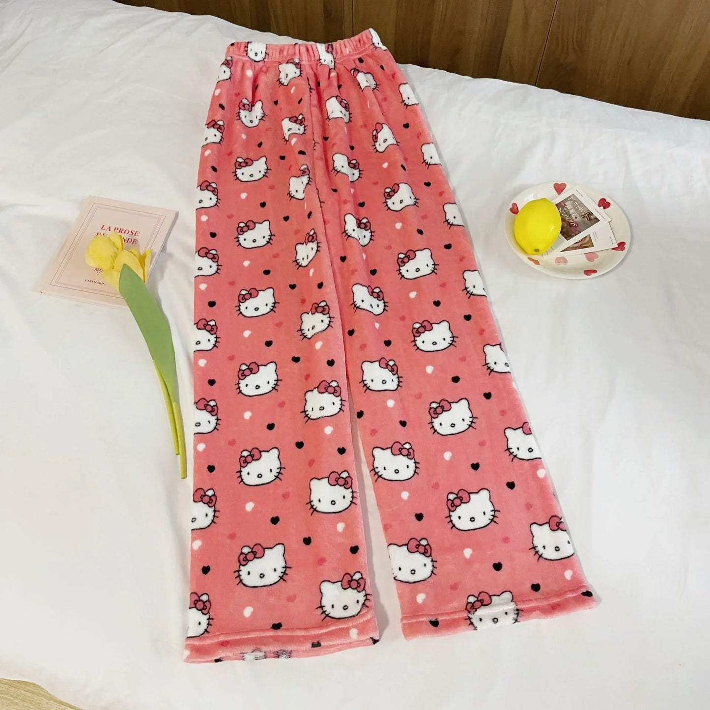 Sanrio Hello Kitty Pajamas Spider-Man Flannel Fashion Trouserswomen Kawaii Woolen AnimeCartoon Casual Home Pants Winter Clothing