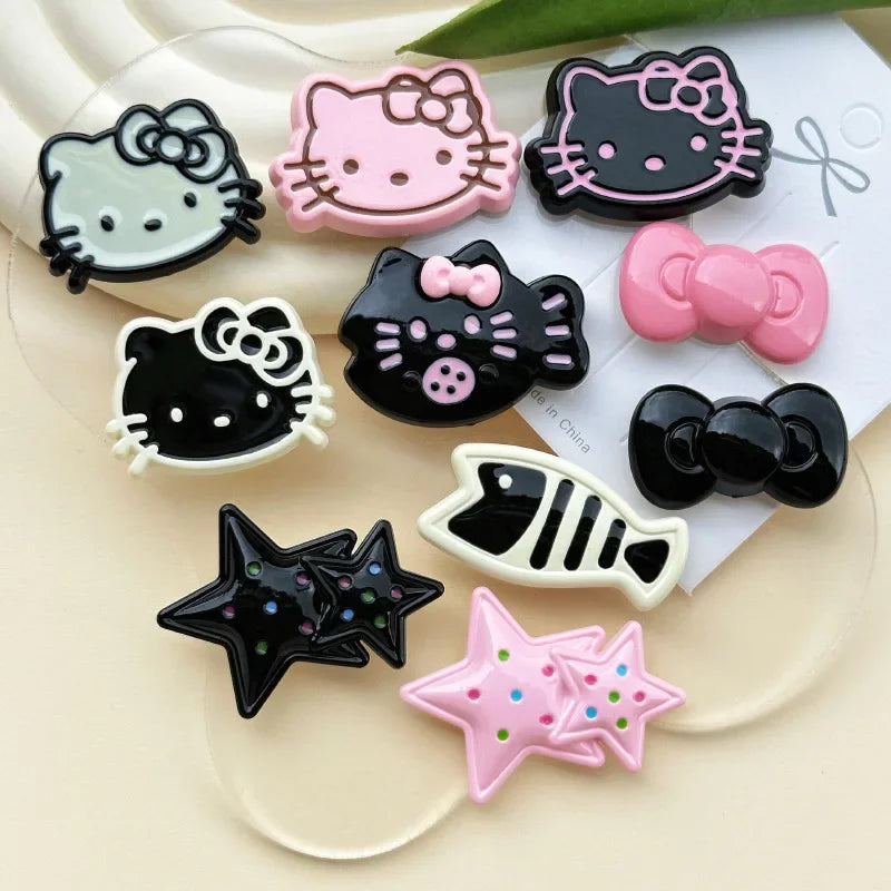 5pcs Cute Black Pink Hellokitty Cat Bow Fish Acrylic DIY Jewelry Accessories Mobile Phone Case Hole Shoes Patch Hairpin Material