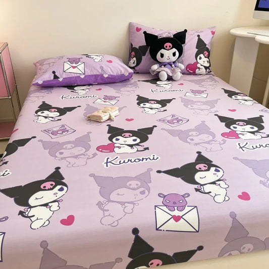 Pure Cotton Fitted Sheet Three-piece Set Hellokitty My Melody Cotton Bedspread Cute Kuromi Full Surround Protective Cover