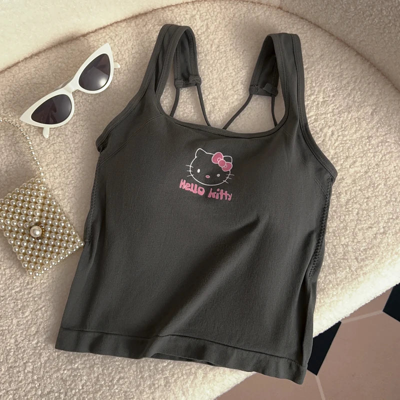 Sanrio HelloKitty Fashion Clothing  Y2K Top with Breast Pad Cute Top Girl Summer Cool Cropped Top White Sexy Suspender Girl Gift