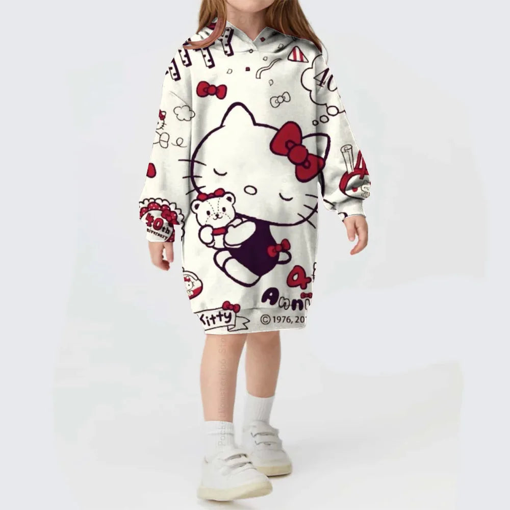 Girls Hooded Dress for Autumn Winter Kids Hello Kitty Kuromi print Dress Girl Striped Long Sleeve Clothes Kids Hoodies Dresses