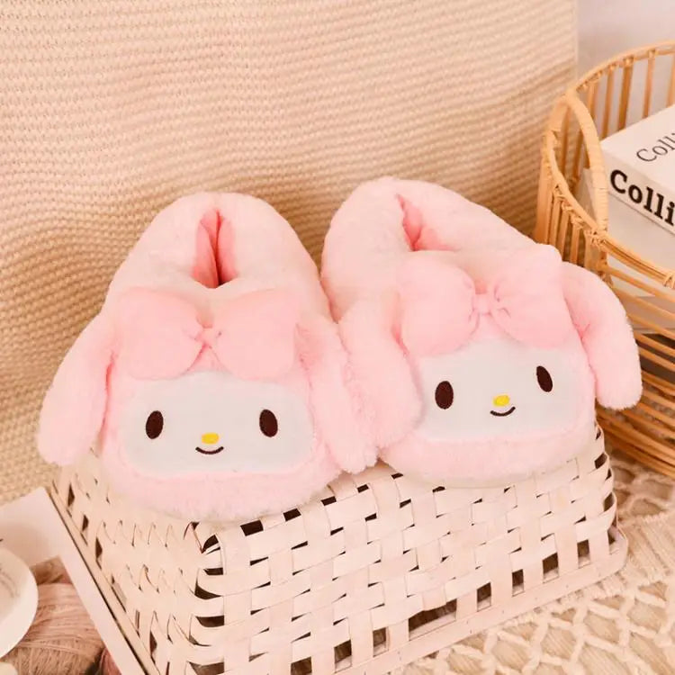 Cartoon Sanrioed Kuromi Hello Kitty Y2K Plush Slippers Women Melody Cinnamoroll Anime Kawaii Winter Home Cotton Shoes Soft Girl