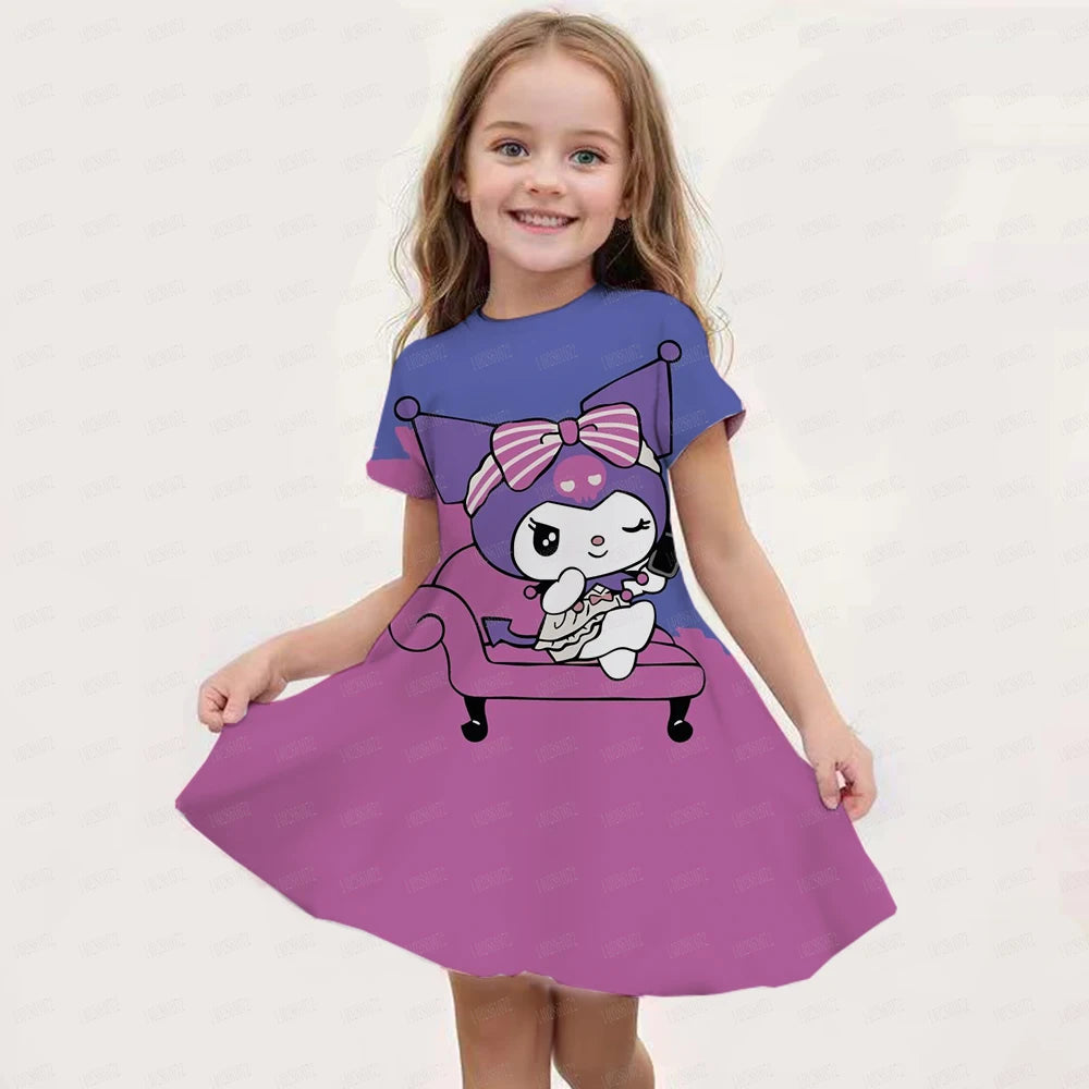 New Summer Girls Dress Fashion Cartoon Cute Cinnamoroll &Hello Kitty 3D Printing Dress Kid Short Sleeve Princess Clothing