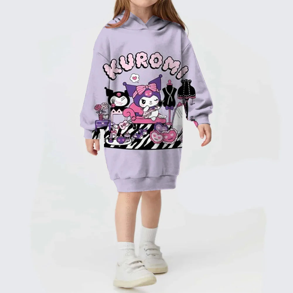 Toddler Kids Hello Kitty Kuromi print Hoodies Dresses for Girls Loose Casual Long Dress Infant Children O Neck Outfits Dress