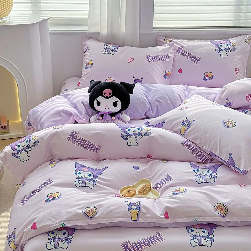 Kuromi Cinnamoroll My melody Hello Kitty Fashion Simple Cartoon Print Pure Cotton Bed Sheets and Quilt Covers Three Piece Set