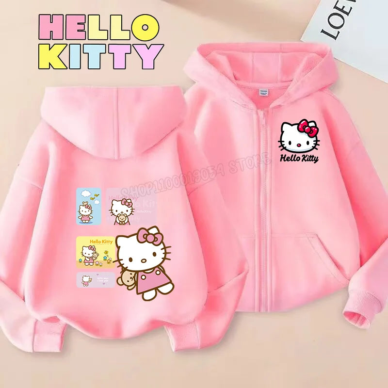 Hello Kitty Zipper Hoodies Girls Sweatshirt Autumn and Winter Long Sleeve Harajuku Pullovers Casual Hooded Tops Birthday Gift