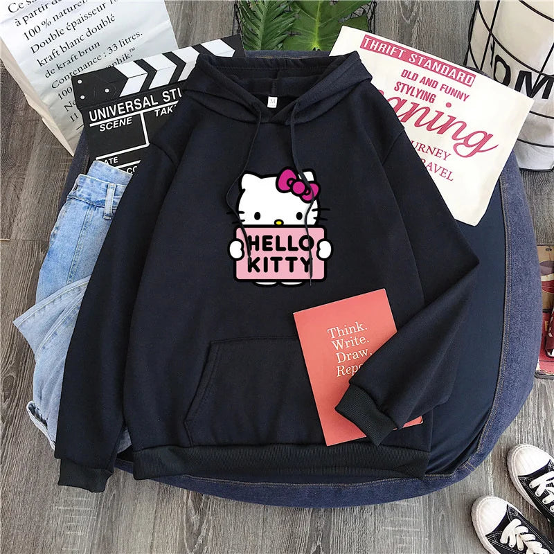 2025 New Casual Women's Sweatshirts Hello Kitty Kawaii Tops for Women Cute Hoodies Fashion Harajuku Long Sleeves Plus Siz