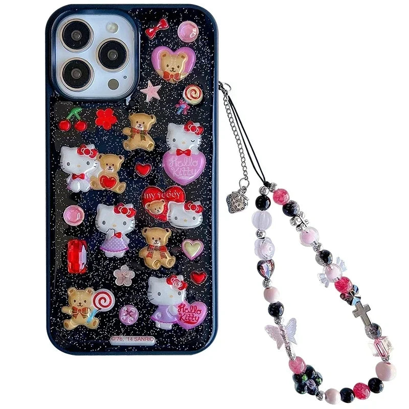 3D Cute Cartoon Y2K Hello Kitty Sticker Bling Glitter Phone Case For iPhone 16 15 14 13 12 11 Pro Max Shockproof Cover