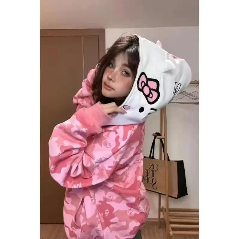 Streetwear Women Original Hello Kitty Zip Hoodie Girl Loose Campus Couple Cardigan Coat Y2k Clothes Oversized Sweatshirt