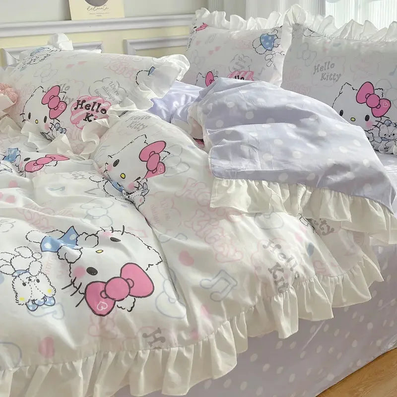 Hello Kitty Cinnamoroll My melody Kuromi new cute cartoon active printing pure cotton edge quilt cover bed sheet three-piece set