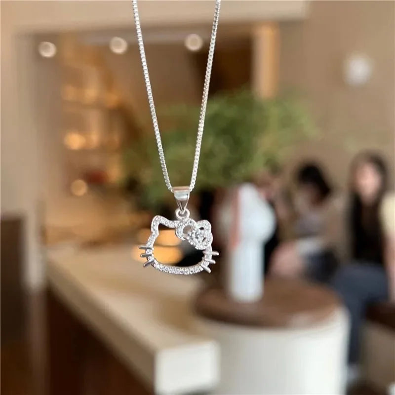 Hello Kitty Pink Crystal Necklace Silver Alloy Anime Jewelry Chain Female Charm Valentine Accessories Girl Gift