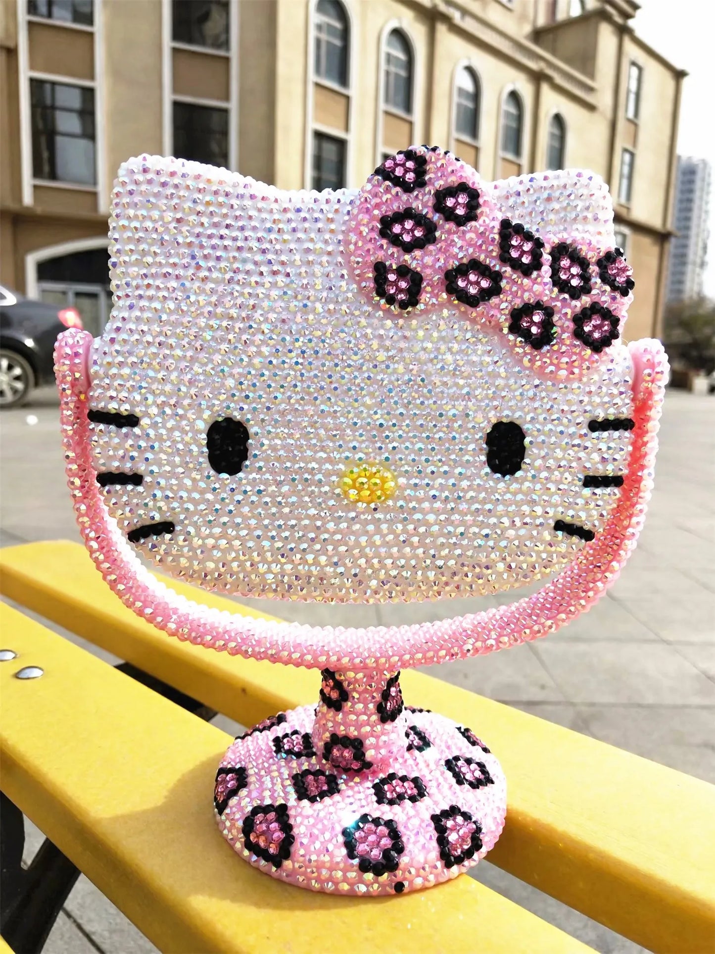 Hello Kitty Vanity Mirror Cartoon Shiny Rhinestones Beauty Handheld Mirror Diamond Pink Girls Flip Girl Gift