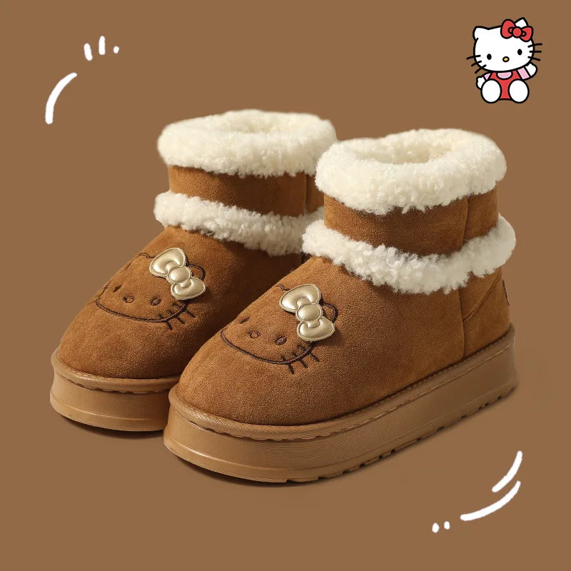 Hello Kitty Snow Boots Winter Girl Plush Snow Booties Keep Warm Slippers Shoes Non-Slip Sneaker Outdoor Warmth Snow Boot