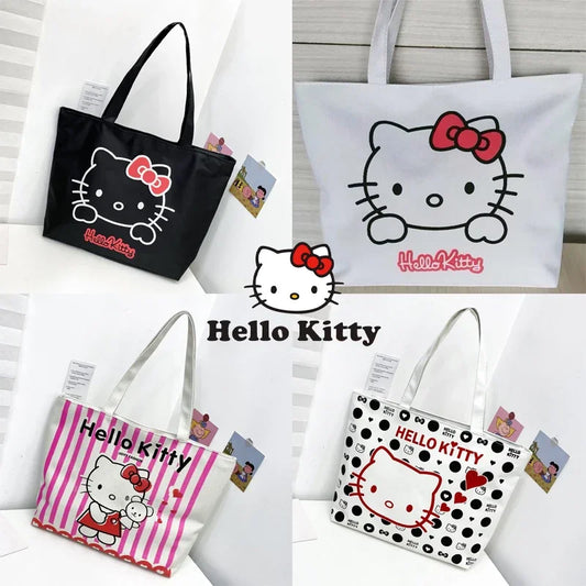 Hello Kitty Tote Bag Cartoon Shoulder Bags Large Capacity Canvas Bags Student Book Storage Zipper Handbag Girl Beach Bag