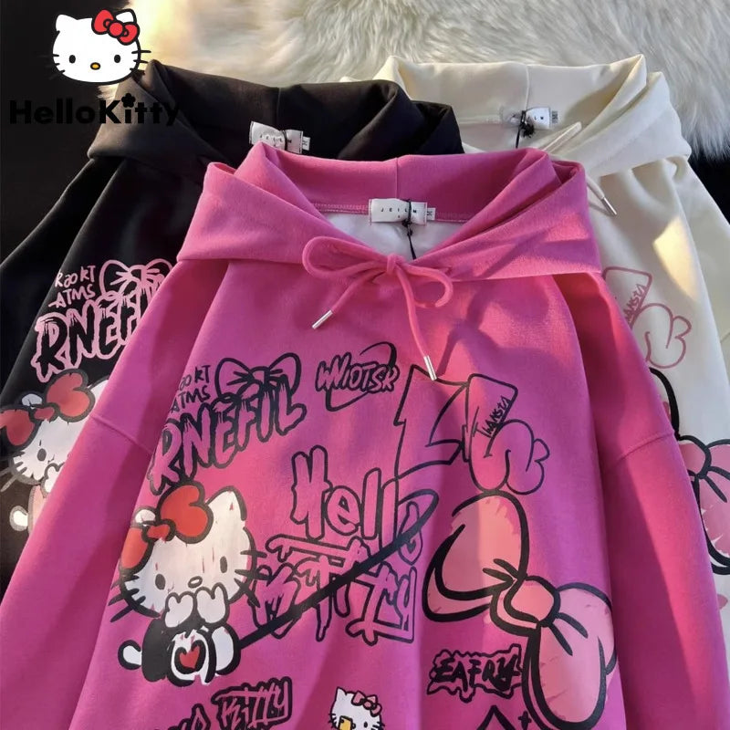 Hello Kitty New Print Tops Hooded Women Men Autumn Winter Aesthetic Loose Sweatshirts Y2k Cute Pullovers Fashion Clothes