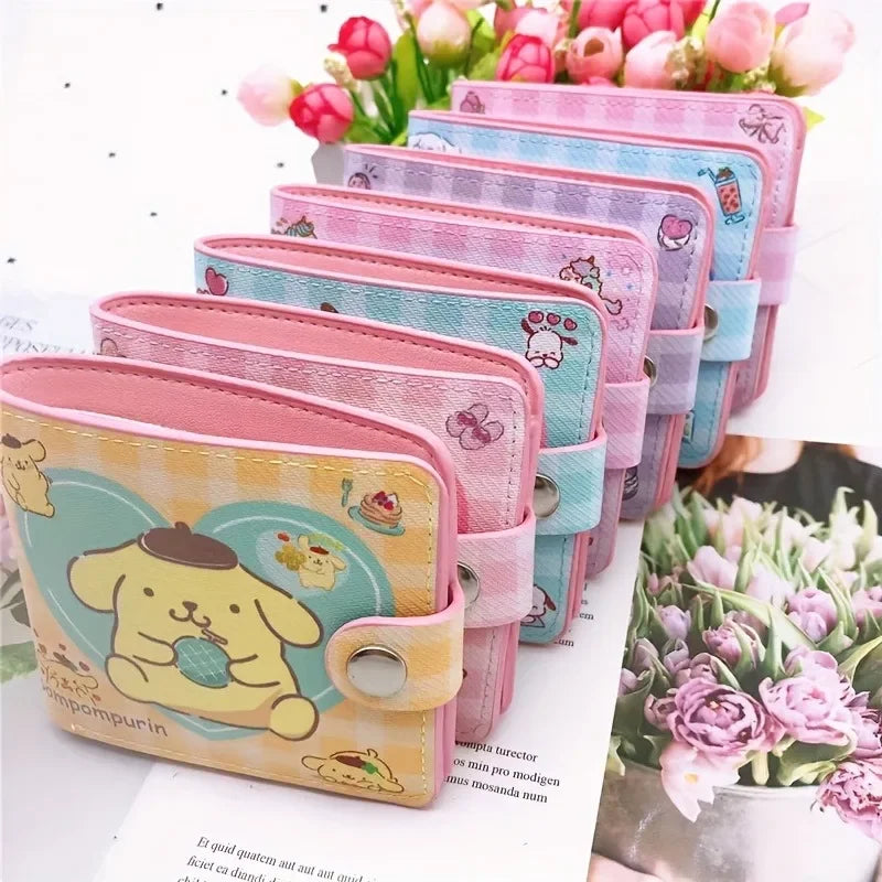 Kawaii Hello Kitty Cinnamoroll PU Casual Short 2 Fold Cartoon Purse Card Holder Wallet Cute Kuromi Button Card Bag Wallet