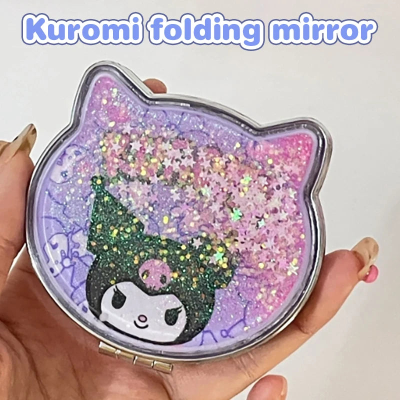 Kawaii Hello Kitty Double-Sided Makeup Mirror Portable Quicksand Sequins Cartoon Girl Gift Pocket Double-Sided Makeup Mirror